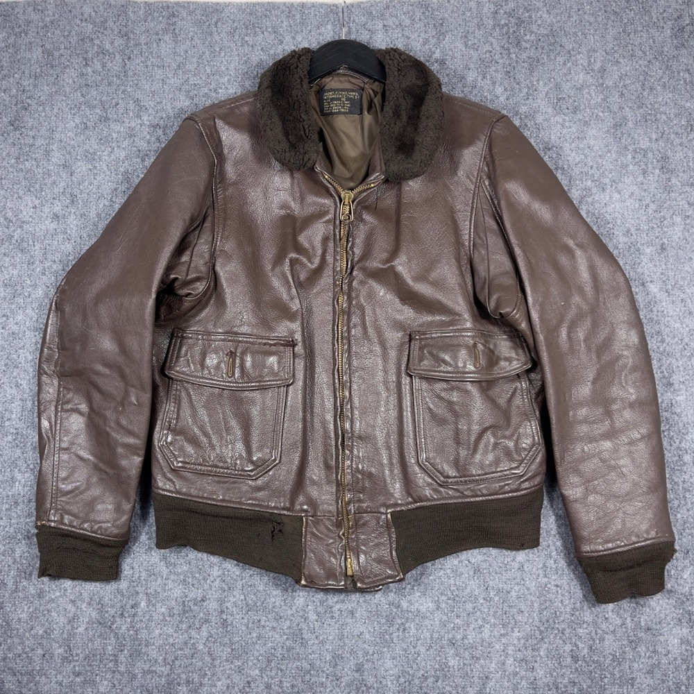 Vtg USN Military Bomber Brill Bros G-1 Flight Jacket Mens 46 Brown Leather 1971